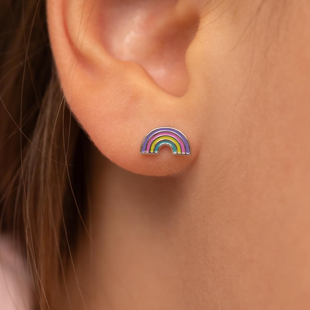 925 Sterling Silver Multicolored Magical Enamel Rainbow Safety Screw Back Earrings For Little Girls - Children's Multicolored Rainbow Earrings With Safety Closure