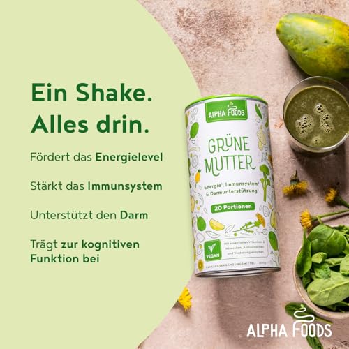 Grüne Mutter 2.0 - Das Original - Greens Shake - Akazienfaserpulver, Weizengras, Brennnessel, Mariendistel, Alfalfa, Chlorella und mehr - Smoothie Shake - 600g Pulver - Alpha Foods