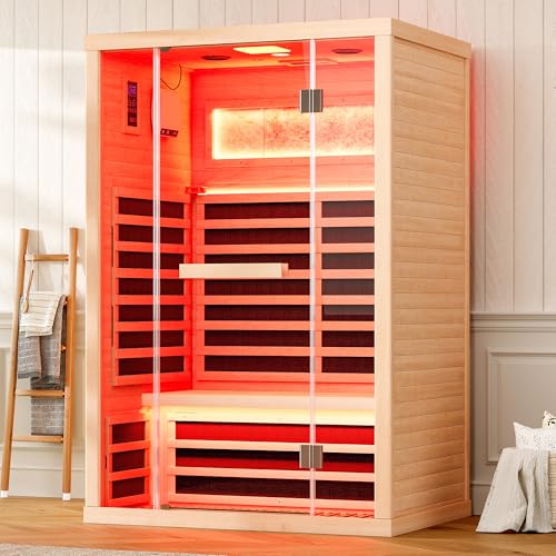Albott Infrared Sauna 2 Person, Infrared Saunas for Home, Low EMF 110V Hemlock Wood Dry Sauna with Tourmaline Foot Warmer, 7-Color Light Therapy & Salt Crystal Bricks, 47.2'x34.2'x70.9'