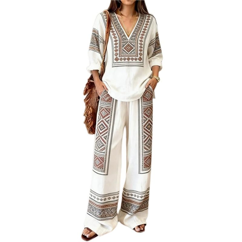 Ensemble 2 pièces femme boho imprimé avec blouse col V et pantalon