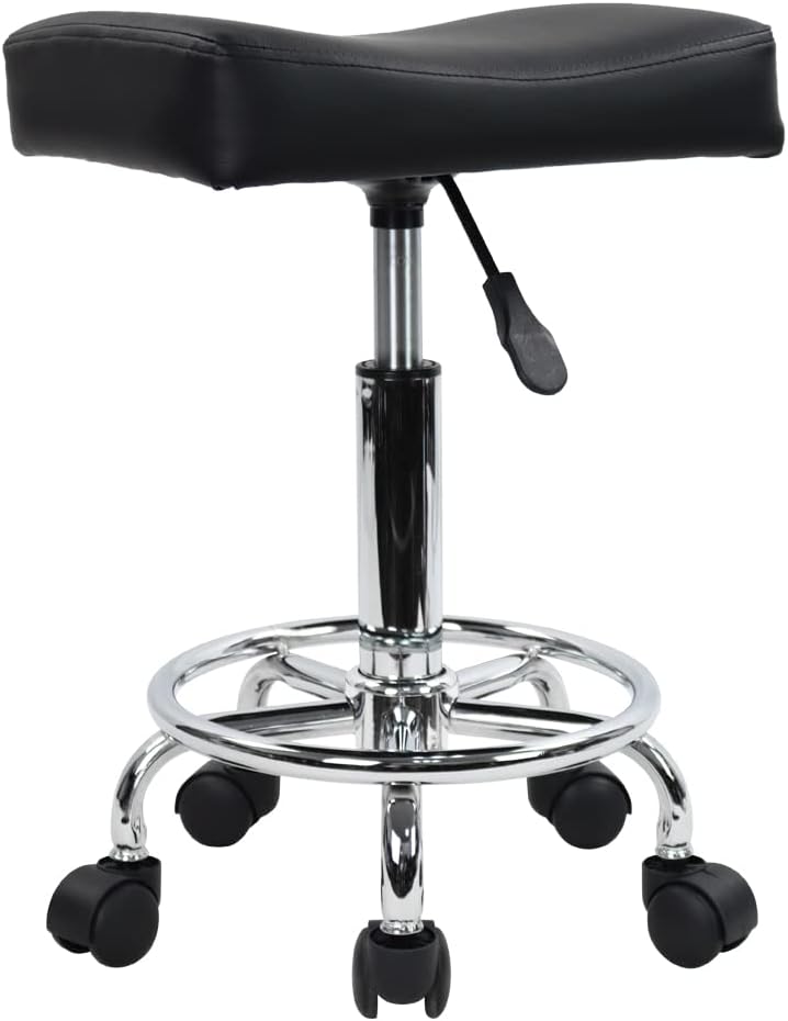 KKTONER Square Rolling Stool PU Leather Height Adjustable Swivel Massage SPA Salon Stools Task Chair with footrest (black)