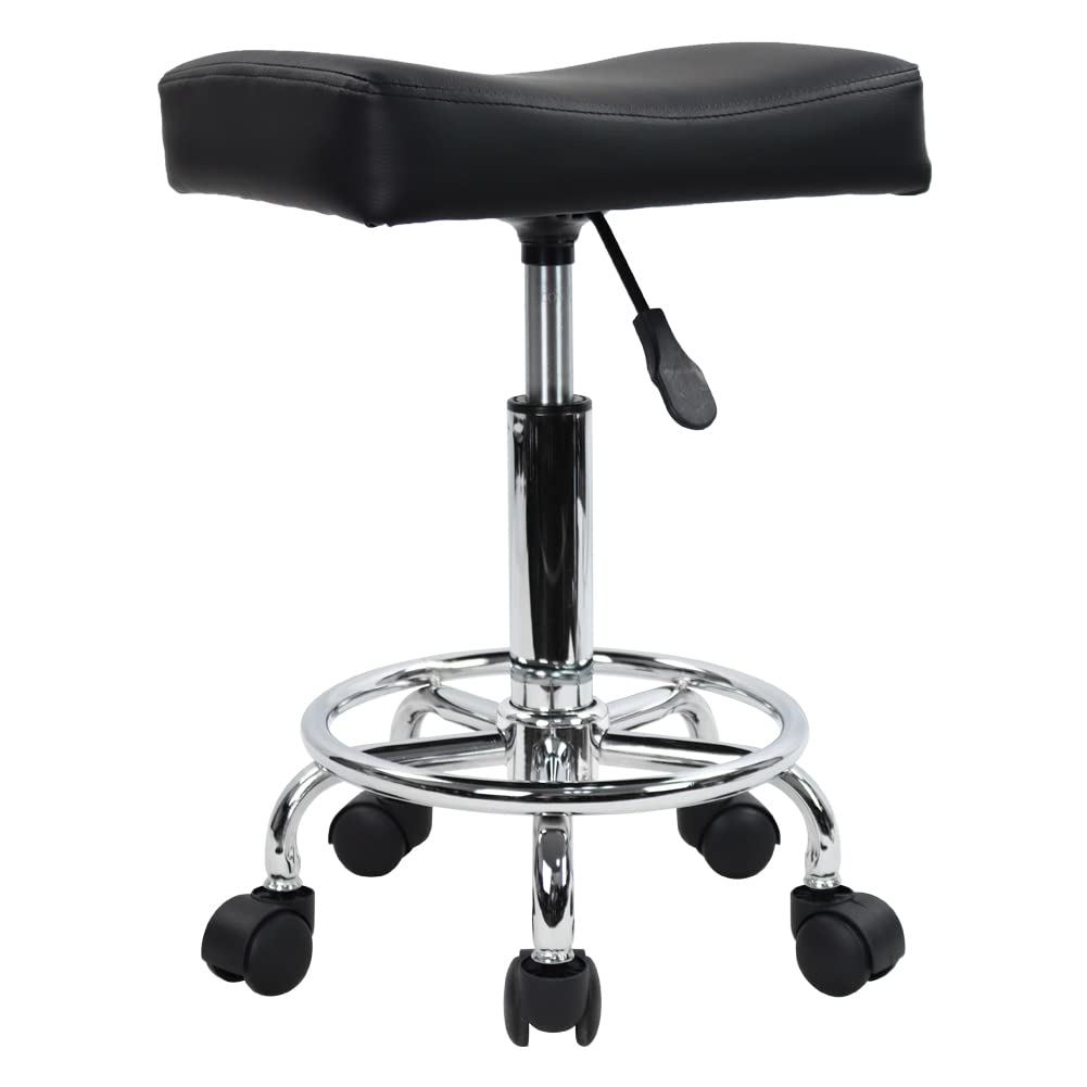 KKTONER Square Rolling Stool PU Leather Height Adjustable Swivel Massage SPA Salon Stools Task Chair with footrest (black)