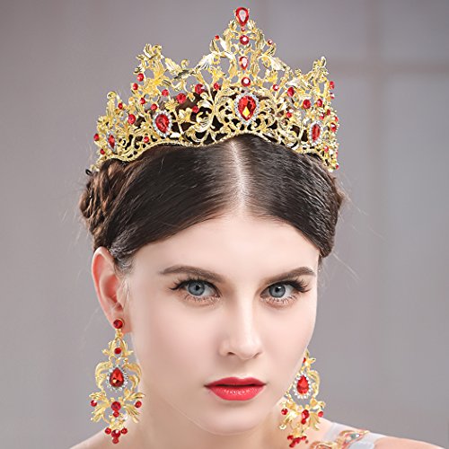 Jovono Vintage Wedding Crown with Red Rhinestone for Leaf Bridal Wedding Tiara Crown