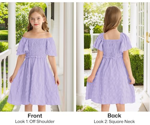 BesserBay Summer Girls Square Neck Smocked Short Sleeve Solid Midi Dress 5-14 Years2