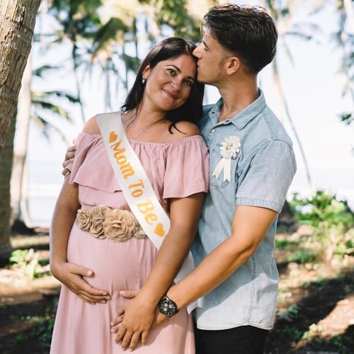 Image of Baby Shower Maternity Sash Belly Belt-Pink Flower Sash Set Mom to Be & Dad to Be Corsage Pins for Gender Reveal