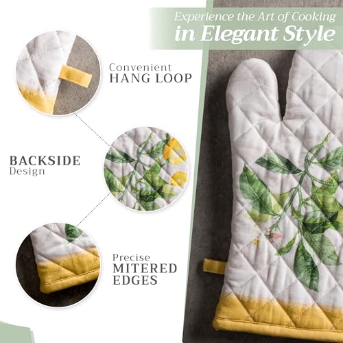 Maison d’ Hermine Ofenhandschuh(19cm x 33cm) & Topflappen(20cm x 20cm) Set aus 100% Baumwolle, hitzebeständig zum Ostern, Grillen, Kochen, Backen, Grillen, Limoncello – Frühling/Sommer