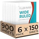 Rosmonde Loose Leaf Paper, 900 Sheets, 6 Pack, Wide Ruled, 8" x 10.5", Bulk Office Filler Sheets, 3 Hole Punched, 150 Sheets/Pack, Wide Ruled for 3 Ring Binder, Filler Notebook Paper, White
