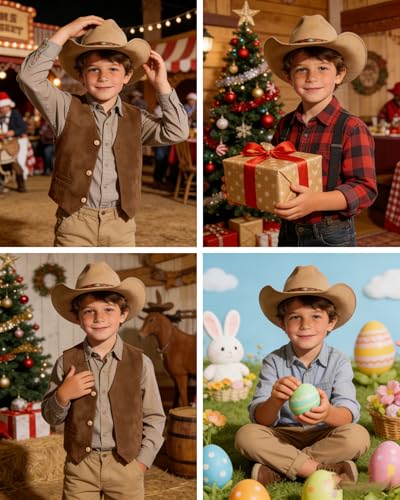 Image of Retro Boys Western Cowboy Vest for Kids Leather Suede Waistcoat | vintage dress vests, welt pockets, v-neck, adjustable waist, formal slim fit, wedding outfit, farm christmas birthday prom