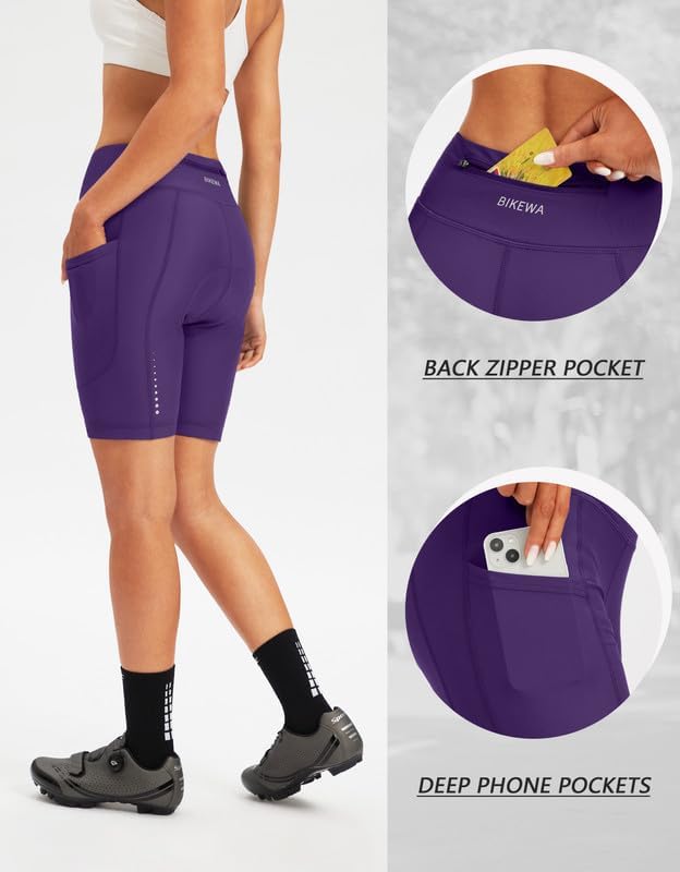 Bikewa Women's 4D Padded Bike Shorts Cycling Riding Road Biking Bicycle Cycle Shorts for Women Zipper Pockets