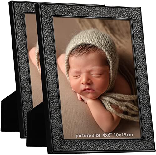 IZIDDO Picture Frames 4x6 Faux Leather Set of 2, Black Metal Photo Frame with Real Glass, for Wall or Tabletop Display (Black, 4 x 6)