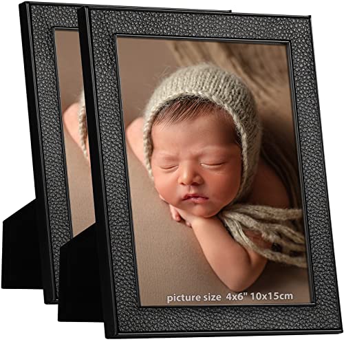 Iziddo Picture Frames 4X6 Faux Leather Set Of 2, Black Metal Photo Frame With Real Glass, For Wall Or Tabletop Display (Black, 4 X 6) #TOP18