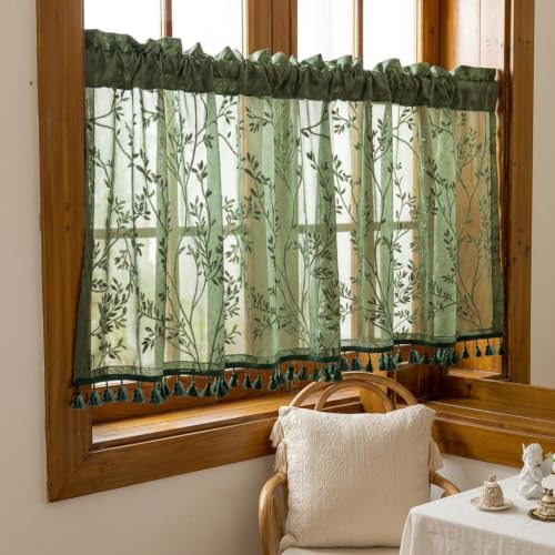 Image of HASTHIP Boho Tassels Window Valance Floral Farmhouse Kitchen Curtain