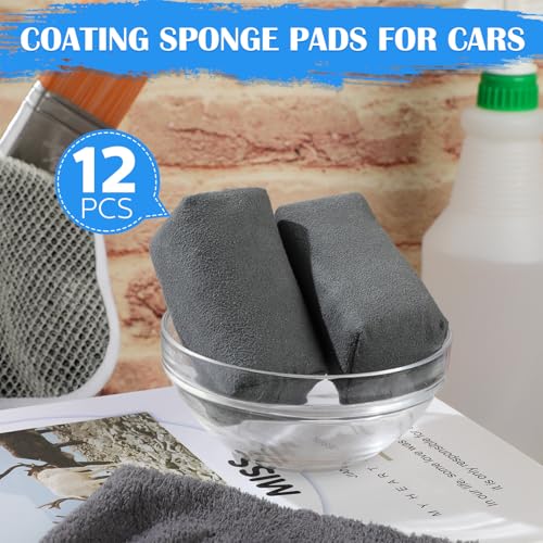 Riakrum 12 Pack Microfiber Applicator Pads Suede Car Detailing Sponge Ceramic Coating Applicator Pads Coating Sponge for Cars Graphene Metal Plastic Trim Ceramic Spray Applying Wax(Gray)