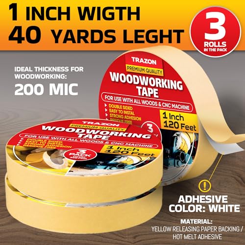 Image of Trazon Double Sided Woodworking Tape Super Strong, 3 Pack, 1 Inch x 120 Feet, Wood Crafter Sticky Tool, Two Side Adhesive for Router Templates and CNC Machine, Removable & Residue Free