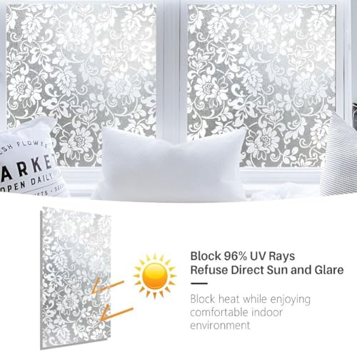 Image of COLORMATE Premium Vinyl Stained Frosted Window Glass Film (18x360 Inch) - Self-Adhesive Wallpaper Sticker Opaque Tint Cling for Window Glass Privacy Cover, Door, Office, Home.| Anti-UV. White Flowers