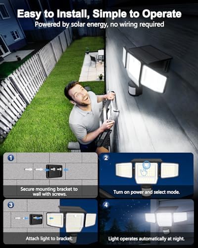 SZPOWER 6000LM Solar Lights Outdoor, 4 Heads Motion Sensor Outdoor Lights, Solar Flood Lights for Yard House Outside Garage, IP65 Waterproof, 3 Modes, Easy Install, 2 Pack