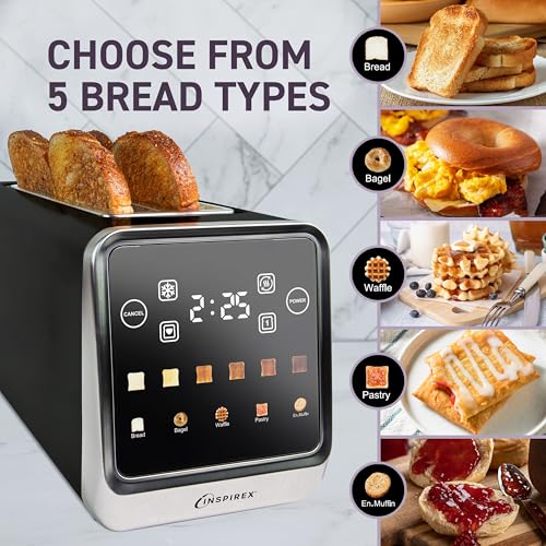 Image of Inspirex Touch Screen Toaster - 4 Slice, 2 Extra Long Slots - 5 Bread Types and 6 Browning Levels - Defrost, Reheat, Favorite, & Single Slot Modes - For Toast, Bagels, & Waffles - Black