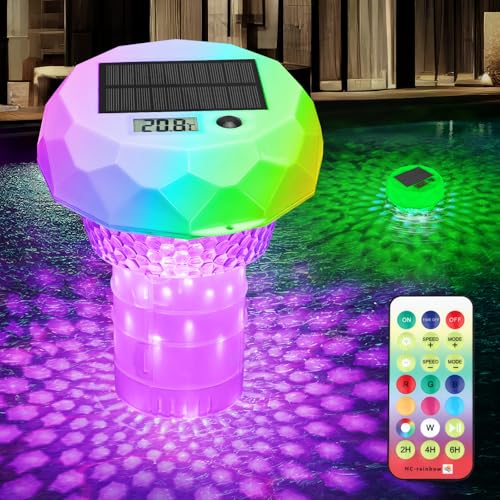 Luci Piscina Solare con Dosatore di cloro, Termometro, Luce Piscina Galleggiante con Telecomando, 8 colori, Timer, IP68 Impermeabile Lampada per Piscine fuori terra, Vasca, Spa, Stagno Giardino