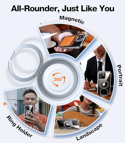 TORRAS 360°Rotatable Magnetic Ring for iPhone 15 Pro Max Case, Compatible with MagSafe with Stand & Ring Holder, Military Grade Shockproof Translucent Back for iPhone 15 ProMax Case Ostand R, Clear - Thumbnail 3