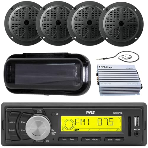 Pyle Single DIN Marine Bluetooth USB/AM/FM Stereo Receiver w/Remote Control, 4X 5.25'' 100 Watt Peak Power 2-Way Full Range Black Speakers, 4-Channel Waterproof Amplifier, Stereo Cover, Radio Antenna
