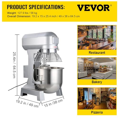 Happybuy 15Qt Commercial Food Mixer with Timing Function, Commercial Mixer 500W Stainless Steel Bowl Heavy Duty Electric Food Mixer Commercial with 3 Speeds Adjustable, Perfect for Bakery Pizzeria