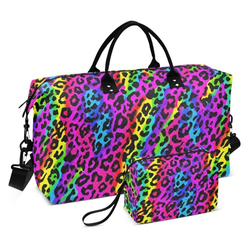 Cute Rainbow Leopard Print Large Travel Duffle Bag Weekender Overnight Bags Gym Yoga Bag for Women Men with Toiletry Bag