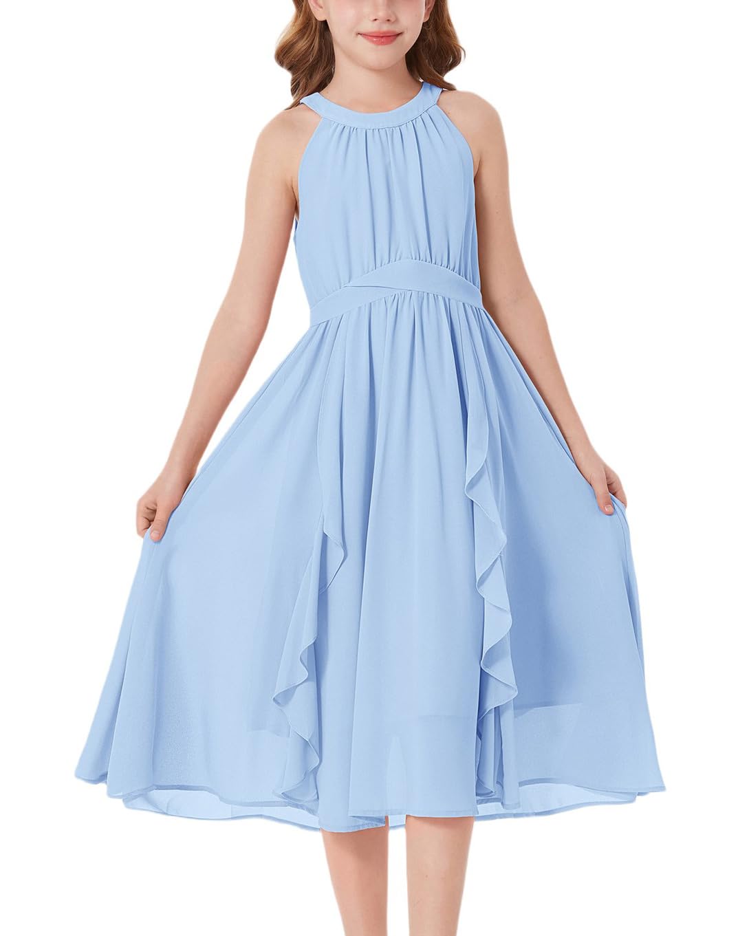 GRACE KARIN Mädchen Chiffon Kleid, Trägerhals und Längsrüschen, A-Linie für Festliche oder sommerliche Anlässe