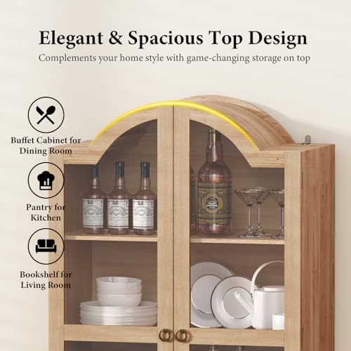 Image of EasyCom 71 Tall Arched Cabinet, Farmhouse Wood Pantry Cabinet with 2 Large Drawers, 4-Tier Kitchen Storage Cabinet with Adjustable Shelf & Magnetic Clasp Doors for Living Room, Dining Room, Natrual