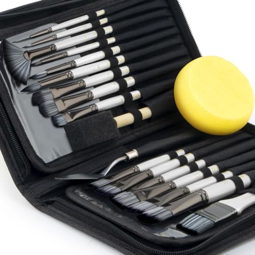 Transon Art Paint Brush Kit 16 Paint Brushes with Foam Brush Sponge Spatula and Art Case for Oil, Acrylic, Watercolor, Gouache, Painting