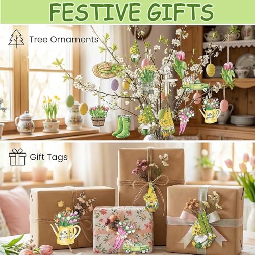 Holz Deko Frühling 24 Stück Frühling zum Aufhängen Holzanhänger Frühlin g mit Tulpen Zwergen Regenschirmen Deko,Aufhängen Hängedeko aus Holz für Zweige,Türen,Gärten,Höfen Frühlingsdeko