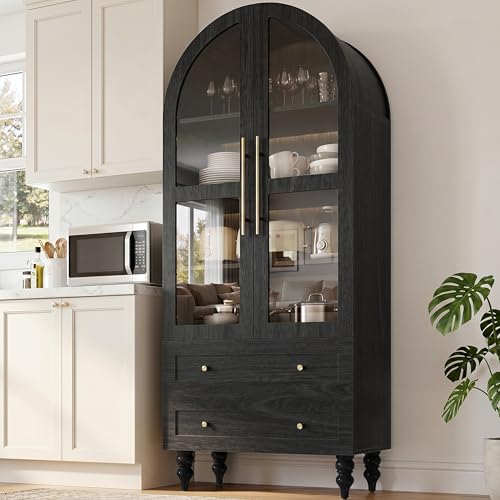 Shintenchi Tall Arched Kitchen Pantry Modern Farmhouse Wood Kitchens Storage Cabinet with Glass Doors & Adjustable Shelves and 2 Large Drawers Versatile Cupboard for Kitchen Dining Room Black