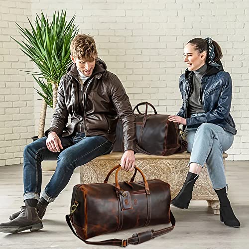 24" Leather Duffle Bag For Men & Women, Top Grain Leather Travel Overnight Weekender Sports Gym Carry On Duffel Bag By Rustic Town (Antique Brown) #TOP5