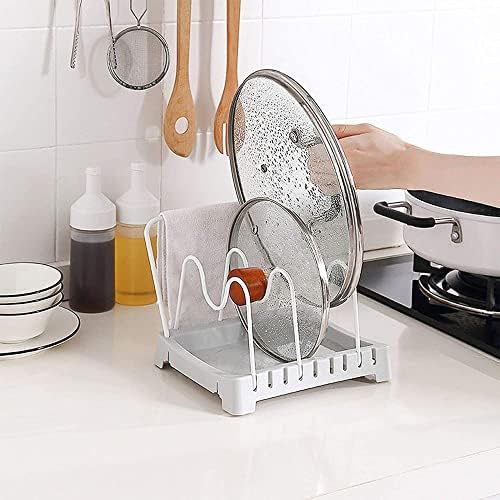 Pot Lid Rack Holder, Saucepan Lid Organiser, Bakeware Rack Pan Organizer, Pan Stand with 3 Adjustable Dividers 1 Hanging Drying Cloth Rack for Cutting Board, Pan Lids, Shovels, Spoons, White, Metal