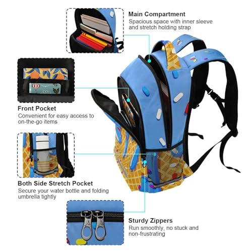 Image of Ice Cream Blue Backpacks with Chest Strap,Lightweight Bookbags 17 Inch,Summer Cute Casual Daypack Bags