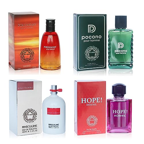 META-BOSEM 4Pc Set Cologne for Men (Firenight+Pocono+Masculine+Hope Pour Homme) Collection Fragrance, Eau de Toilette Spray - Fresh Scent (Pack of 4) Each 3.4 Fl Oz, Total 13.60 Oz