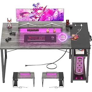 armocity Computer Desk with LED Lights, 47 Gaming Desk with Power Outlet and USB, Reversible Laptop Table with Moveable Monitor Stand for Small Spaces, Office, Room, Grey and Black