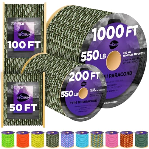 Image of TECEUM Reflective Paracord Rope 1000 - 1000ft /200ft /100ft /50ft - 40+ Colors - Glow in the Dark - para Cord - Utility Rope for Survival, Hunting & Camping Gear - Nylon String, Camping Rope, Tent Cord