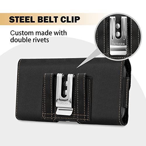 Nylon Belt Holster For Iphone 14 Plus, Iphone 14 Pro Max, 13 Pro Max, 12 Pro Max, 11 Pro Max, Xs Max With Phone Case Installed. Phone Pouch With Chestnut Stitching, Magnetic Cover, Belt Loops, Id Slot #TOP7