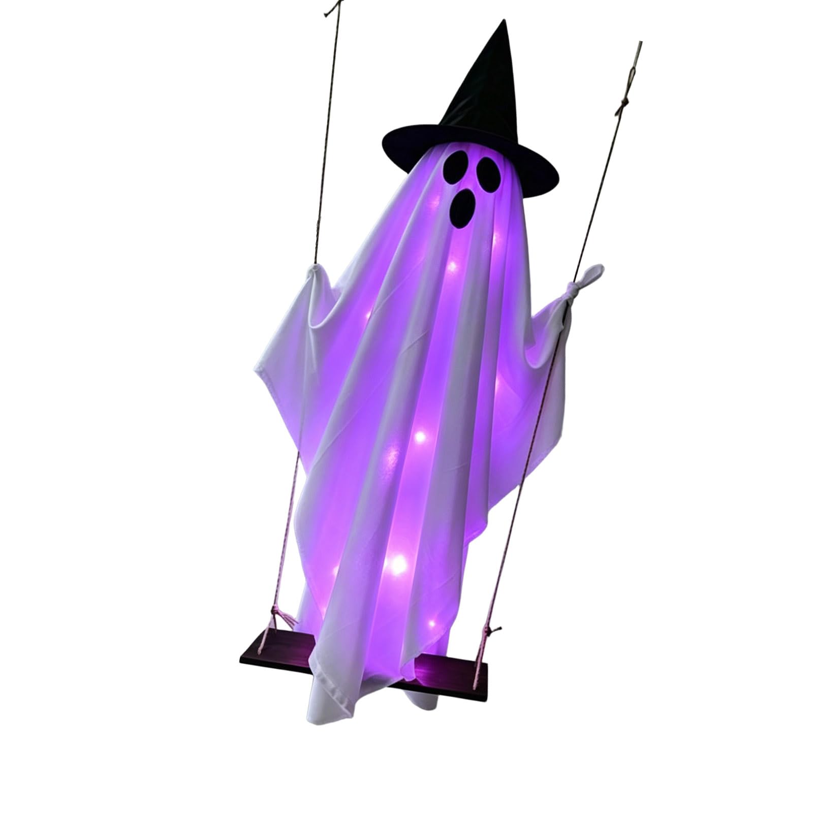 Tfaoys Purple1 Light Seasonal Swing Figure Decoration With Internal Light Effect, White Draped Look, And Witch Hat For Entryway Decor Hanging Figure Entry Decoration Seasonal Piece Hat Detail Wood Seat