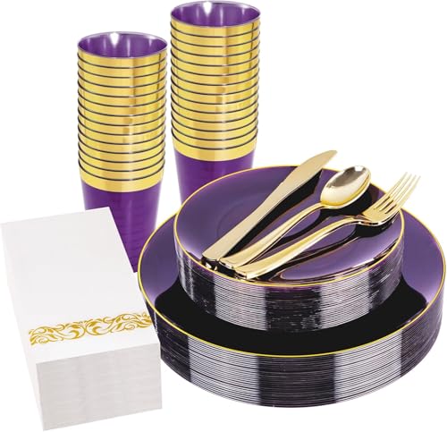 YOUBET 175PCS Purple Plastic Plates with Gold Rim for Wedding Party