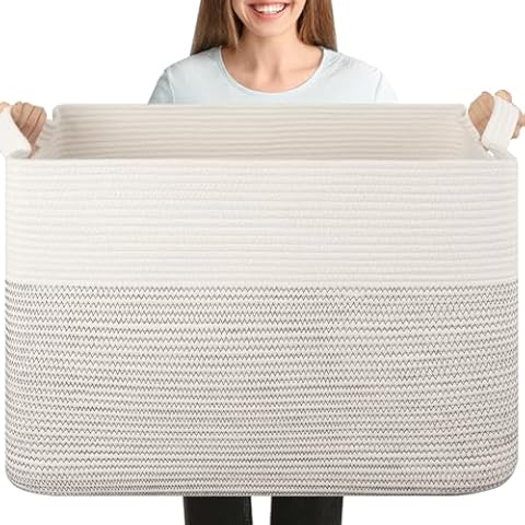 XXXL Large Blanket Basket, 108L Storage Basket, Cotton Rope Baskets for Living Room, Supre Large Toy Basket for Kids, Woven Basket for Clothes, Towels, Pillows, 25" x 16" x 16", Black and White Cover