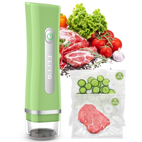 FEPPO Vacuum Sealer for Food with Visible Water Tank, Handheld Saver Compact Vacuum Sealer Machine with 30 Reusable Bags for 6X Preservation & Fresh, Light Green