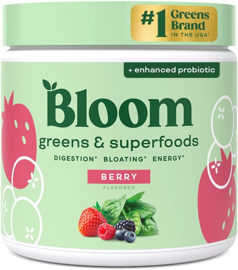 Bloom Nutrition Super Greens Powder Berry (30 Servings) Blends Probiotics, Digestive Enzymes, Spirulina, and Chlorella to Support Women’s Gut Health, Reduce Bloating, and Improve Digestion Naturally
