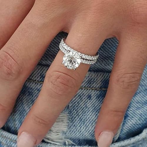2Pcs White Gold Plated White Cubic Zirconia Engagement Rings Wedding Bridal Band Promise Rings Evening Parties Anniversary Valentine's Day Gifts Eternity Bands for Women4