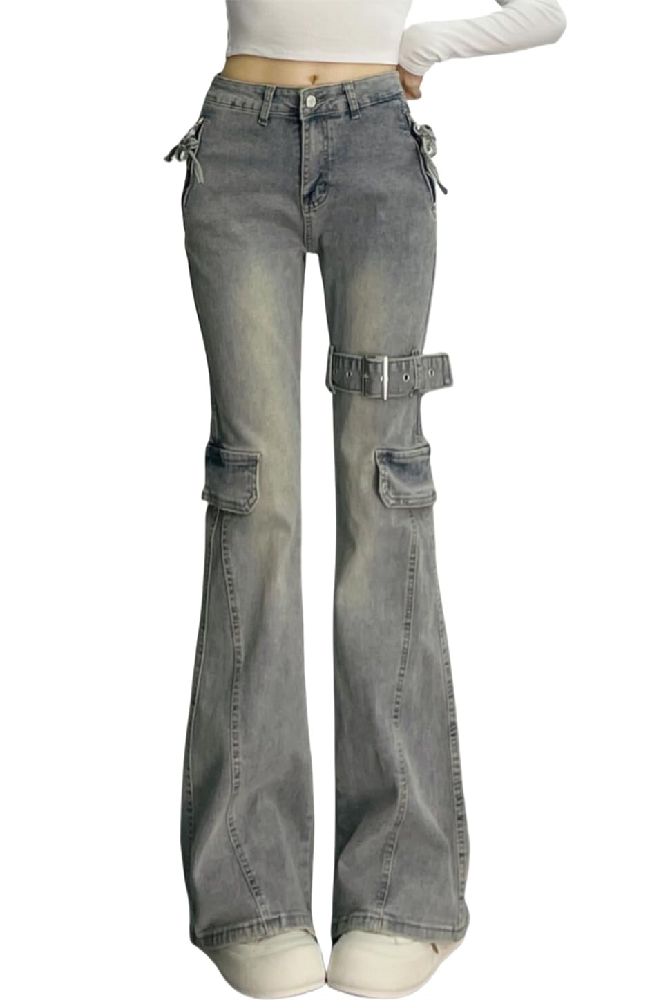 [YUANYUAN] CREAMパンツ デニム レーディス ロング丈 ジーンズ フレア 体型カバー ハイウエスト ジーパン ストレッチ カジュアル ゆったり キレイめ エレガント シンプル オシャレ ファッション 上品 通勤 通学 夏 春 秋