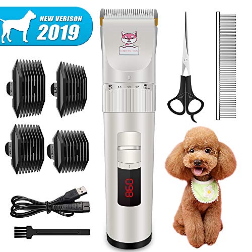 【New Version】Dog Clippers, Heavy Duty Electric Low Noise Pet Hair Grooming Kit with Detachable Blades & LED Screen Indication, Professional Rechargeable Cat Hair Shaver for Dogs Cats All Pets
