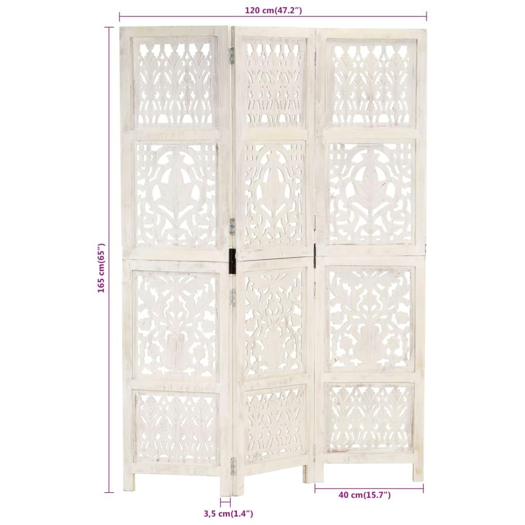vidaXL Biombo 3 Paneles Tallado a Mano Madera Mango Blanco 120x165 cm