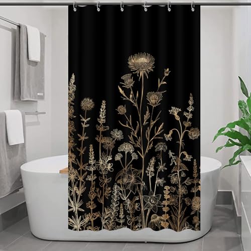 Vintage Black and Gold Boho Shower Curtain, Black and Tan Cream Floral Aesthetic Dark Wildflower Botanical Flowers Shower Curtain for Bathroom with Hook,Farmhouse Plant Art Chic Shower Curtain 36X72 by GOAOK - Used condition - Image 3