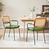 Art Leon Boho Dining Chairs - Set of 2 Mid Century Modern Dining Chairs with Rattan Backrest, Faux Leather Upholstered Kitchen Chairs, Accent Chairs with Black Metal Legs, Green