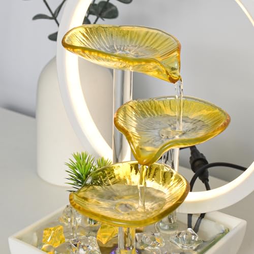 Image of Water Fountain for Home Decor - 29cm Golden Amber Glass Indoor Waterfall with LED Light - Tabletop Showpiece for Living Room, Office Desk & Bedroom - Wealth Prosperity Gift (Frost Yellow)